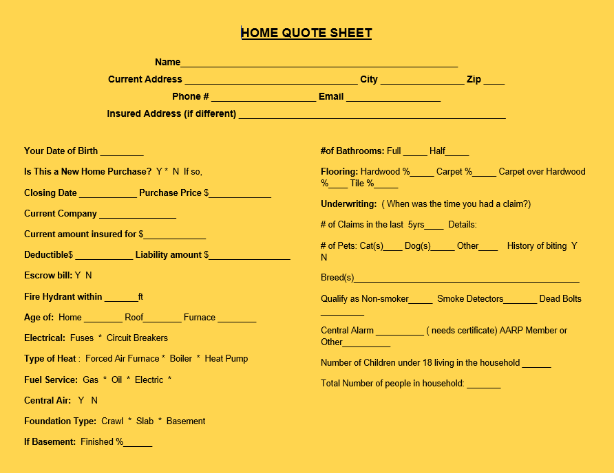 Home Quote Sheet